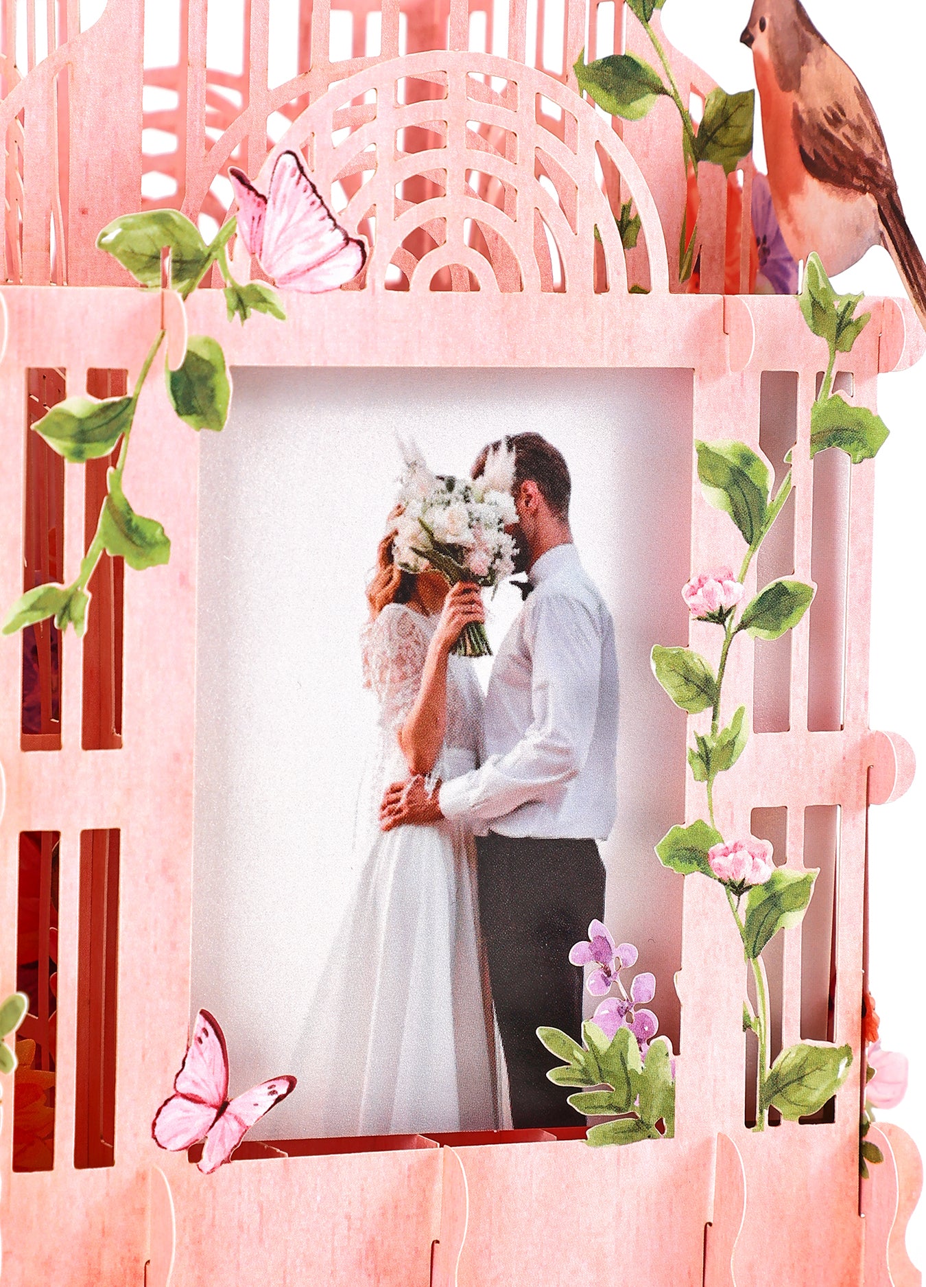 Colorful pink cage three-dimensional photo frame with flowers