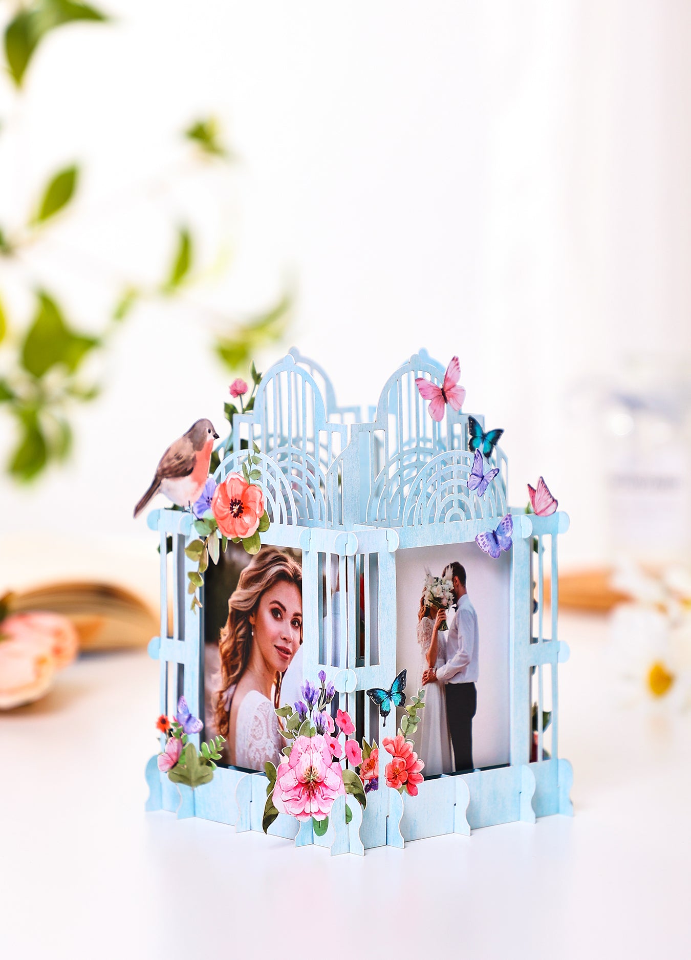 Colorful blue cage three-dimensional photo frame with flowers