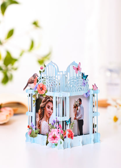 Colorful blue cage three-dimensional photo frame with flowers