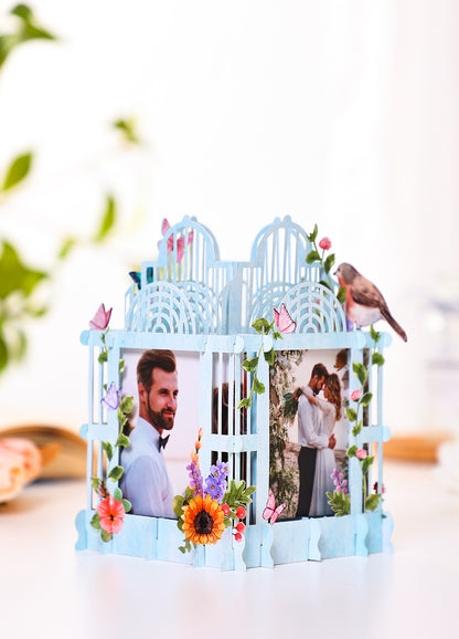 Colorful blue cage three-dimensional photo frame with flowers