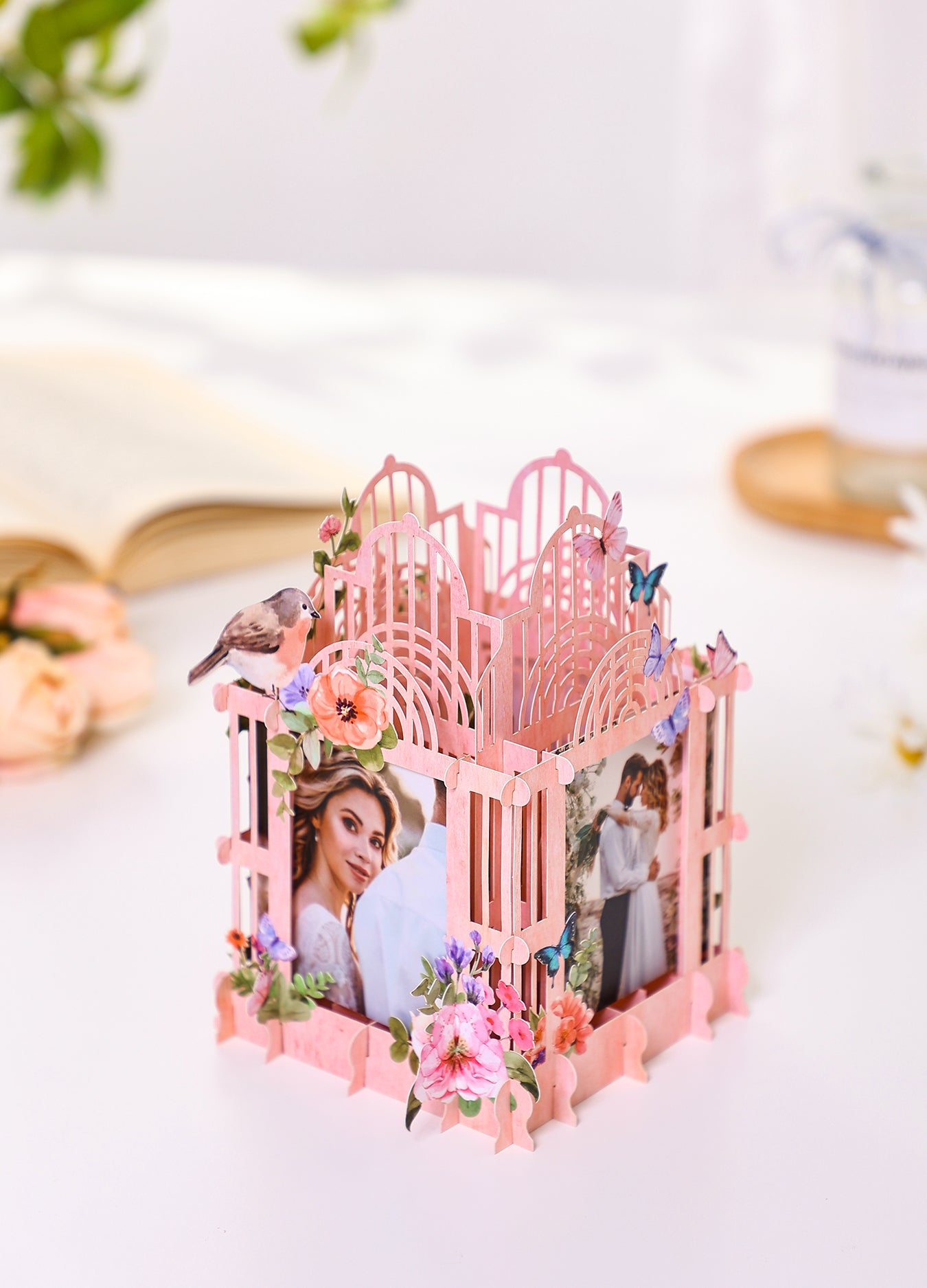 Colorful pink cage three-dimensional photo frame with flowers