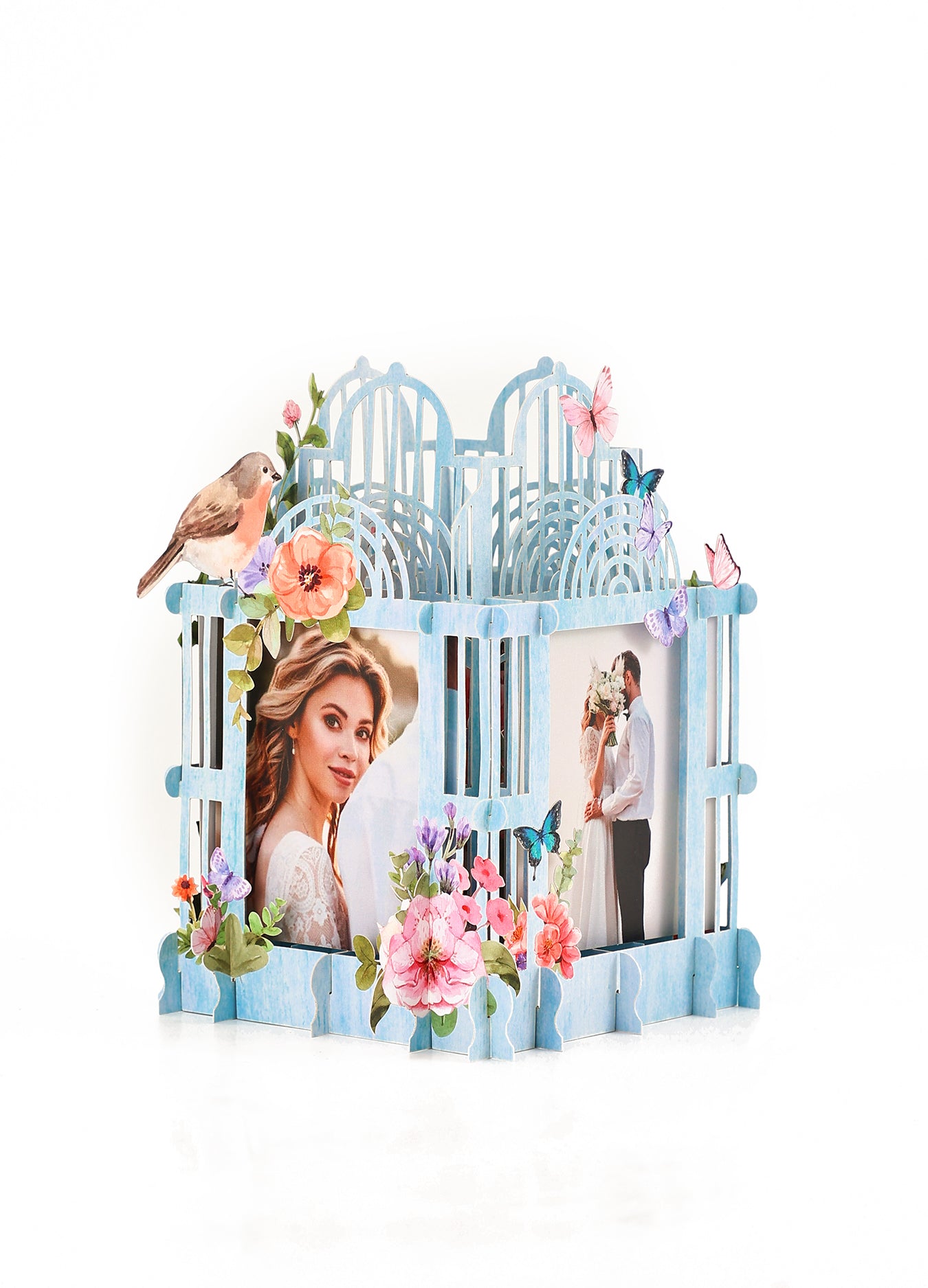 Colorful blue cage three-dimensional photo frame with flowers