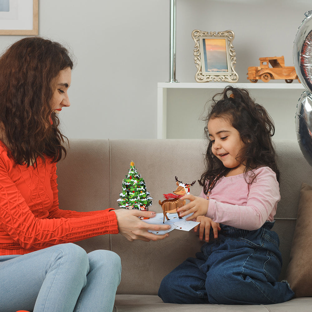 Christmas Tree with Reindeer Pop-Up Cards Ornament